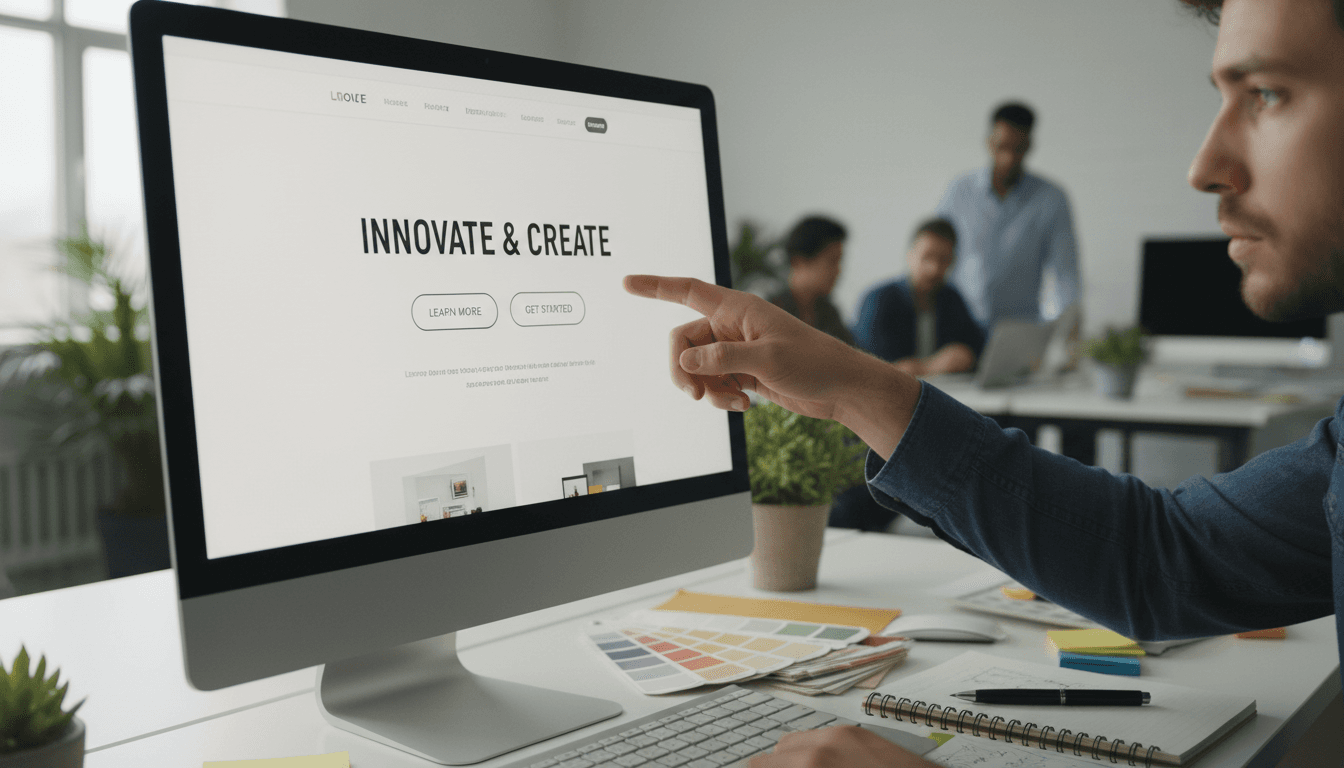 Modern website design studio with designer reviewing client site on laptop