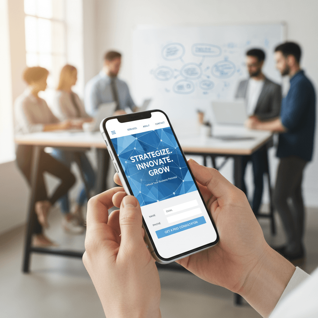 Fast loading website on smartphone screen in a modern office setting