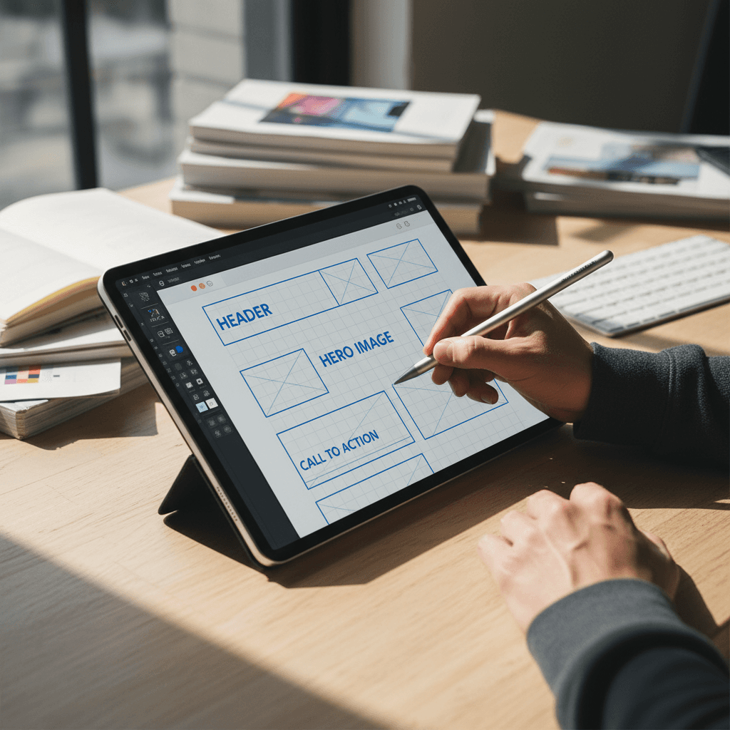 Web designer sketching a custom layout on a tablet in a bright studio with design tools nearby