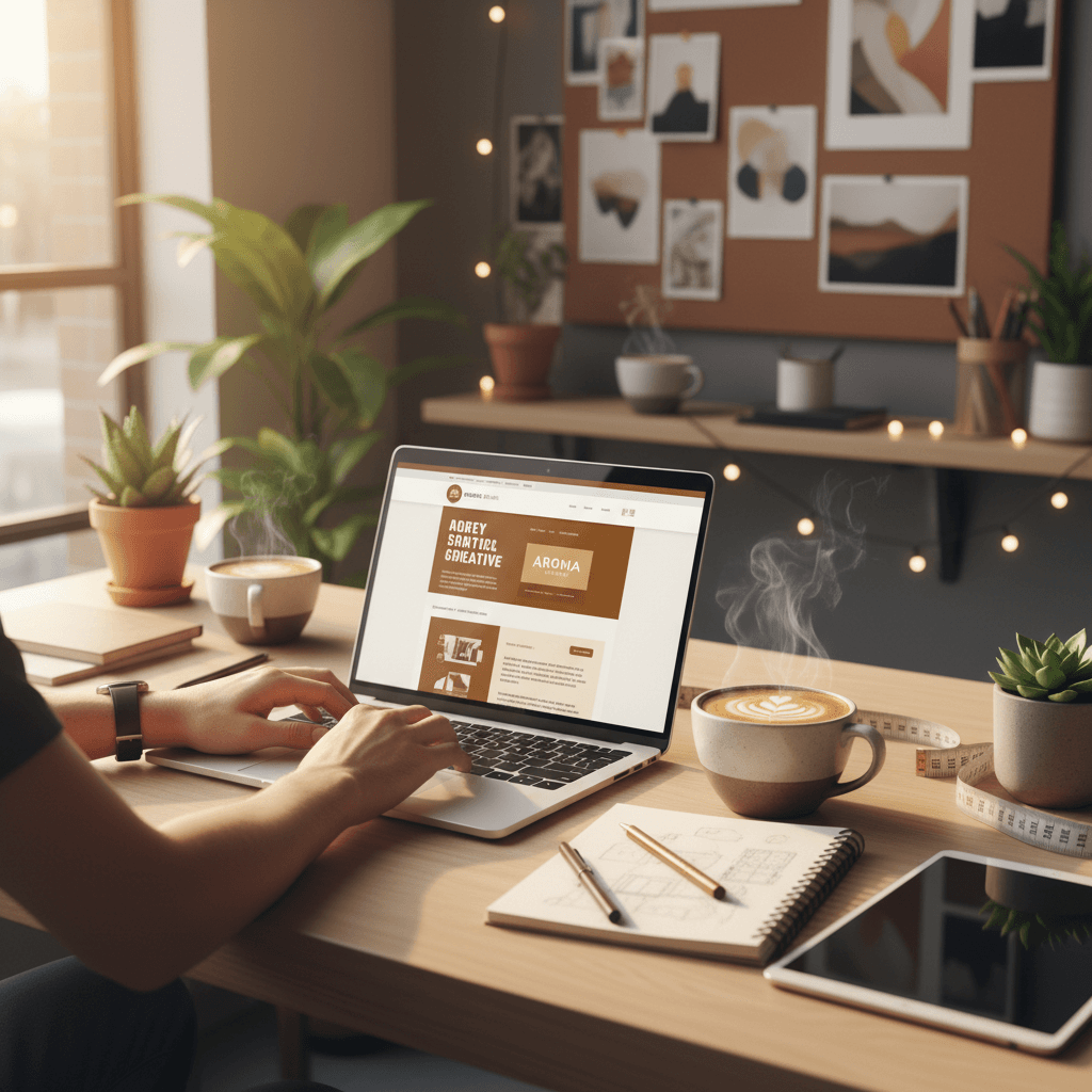 A person updating their website content on a laptop with a coffee cup in a cozy home office