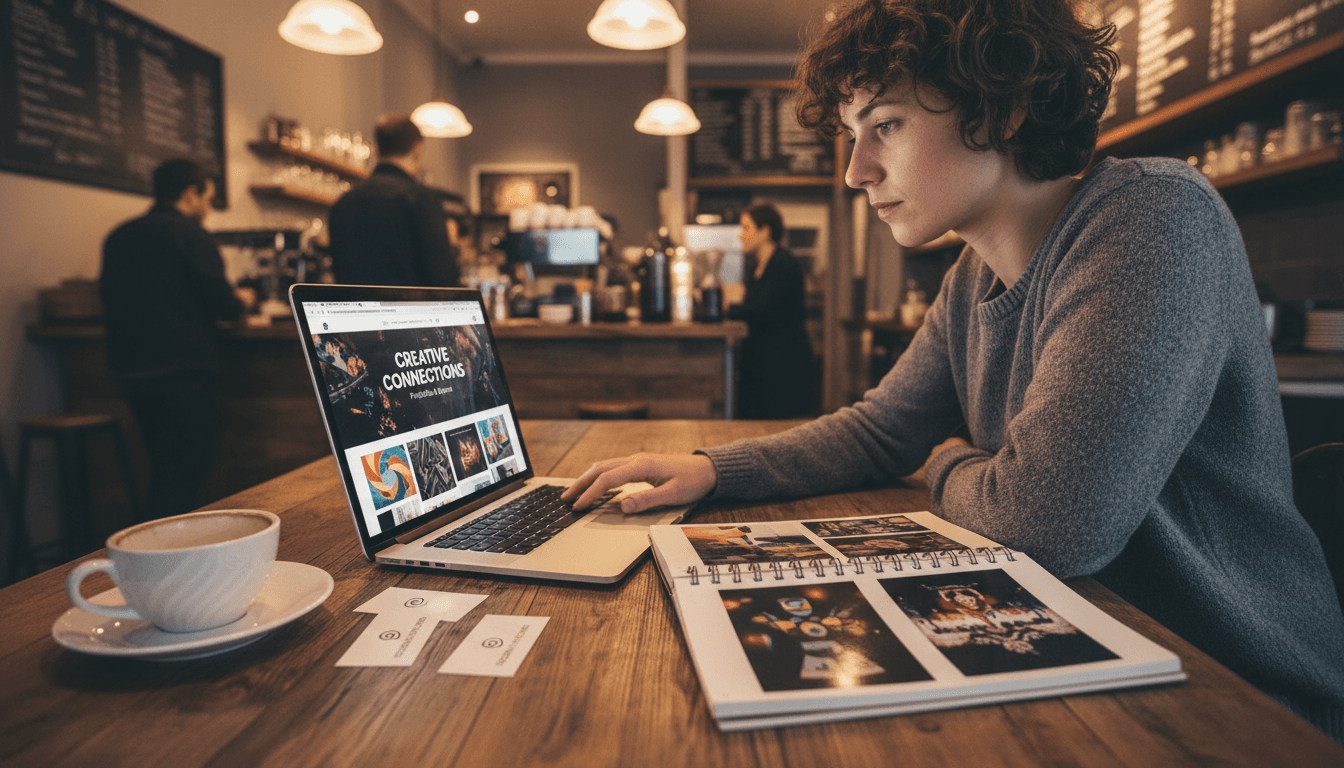 Woman works on a laptop displaying a creative portfolio in a cozy, warm-lit cafe.