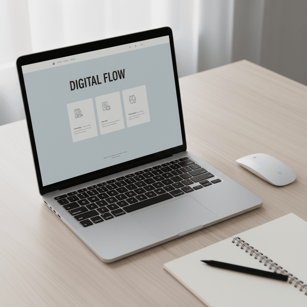 Laptop showing a clean modern website design on a desk with warm lighting